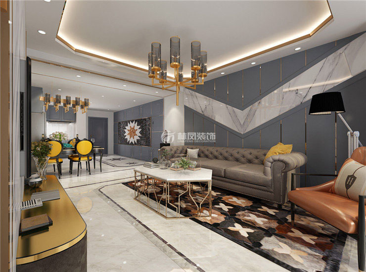 五礦弘園130平輕奢風格沙發(fā)背景墻裝修效果圖